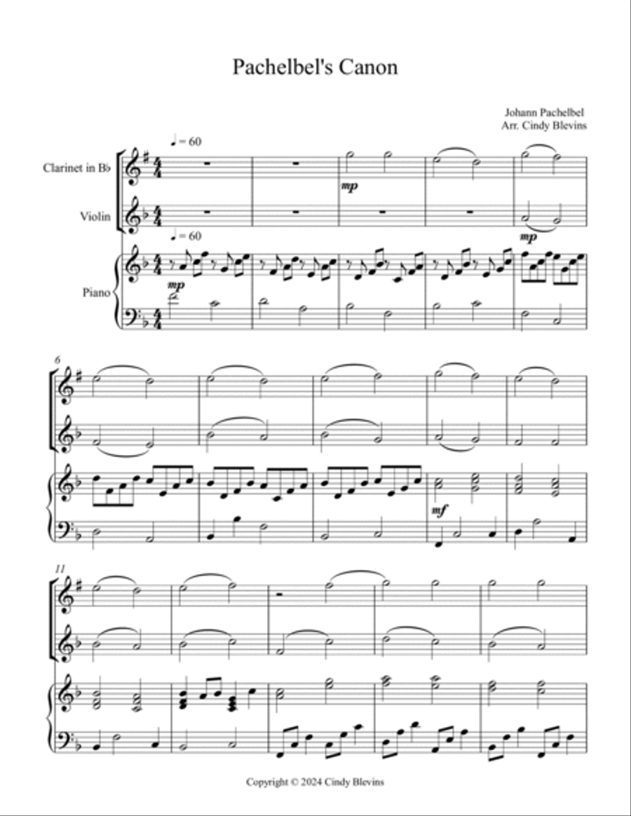 Pachelbel's Canon, for Piano, Clarinet and Violin Small Ensemble scores gallery preview page 2