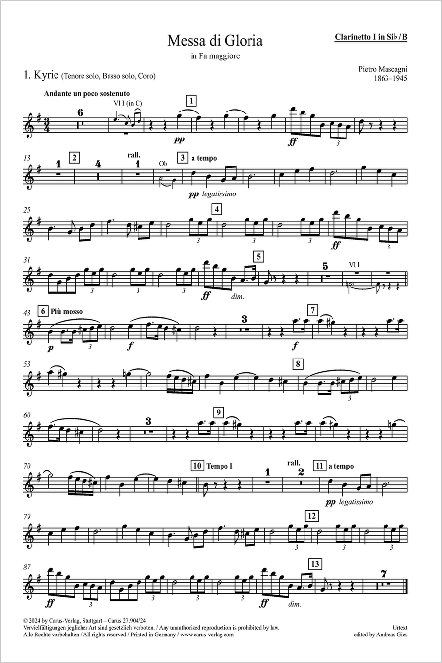 Messa di Gloria Messa di Gloria Clarinet scores gallery preview page 1