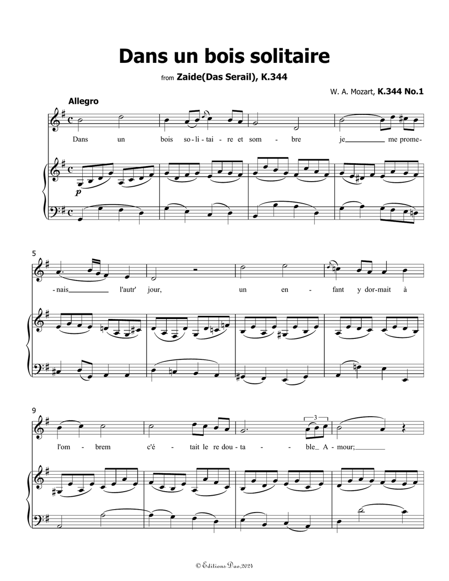 Dans un bois solitaire, by Mozart, K.308/295b, in G Major Piano, Vocal scores gallery preview page 3