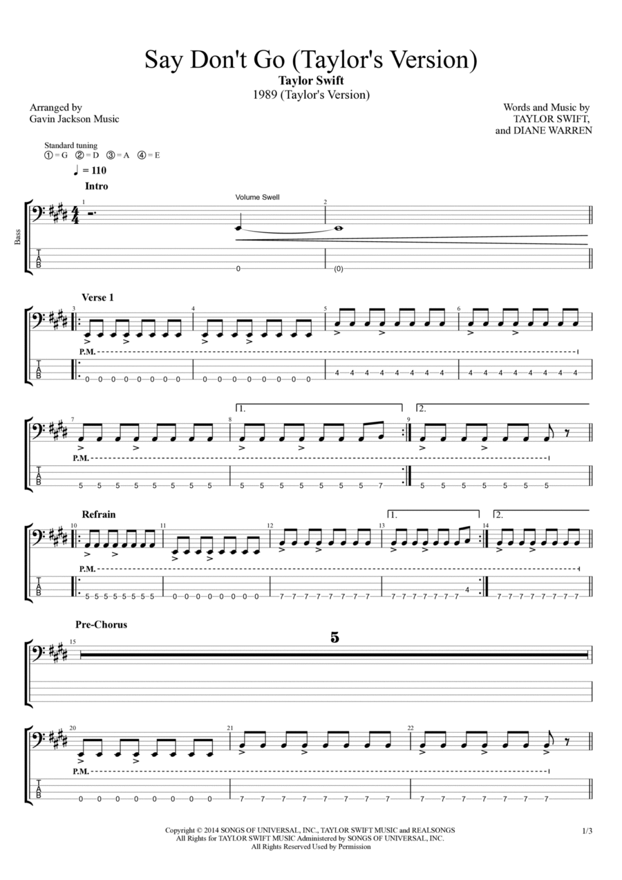 Say Don't Go Say Don't Go Guitar Tablature scores gallery preview page 1