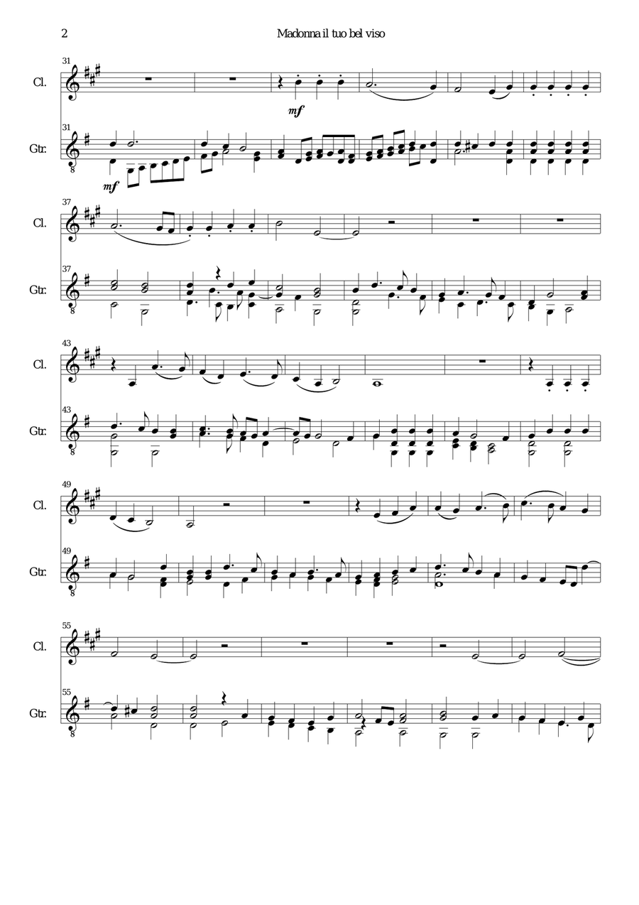Madonna il tuo bel viso for clarinet and guitar Clarinet scores gallery preview page 2