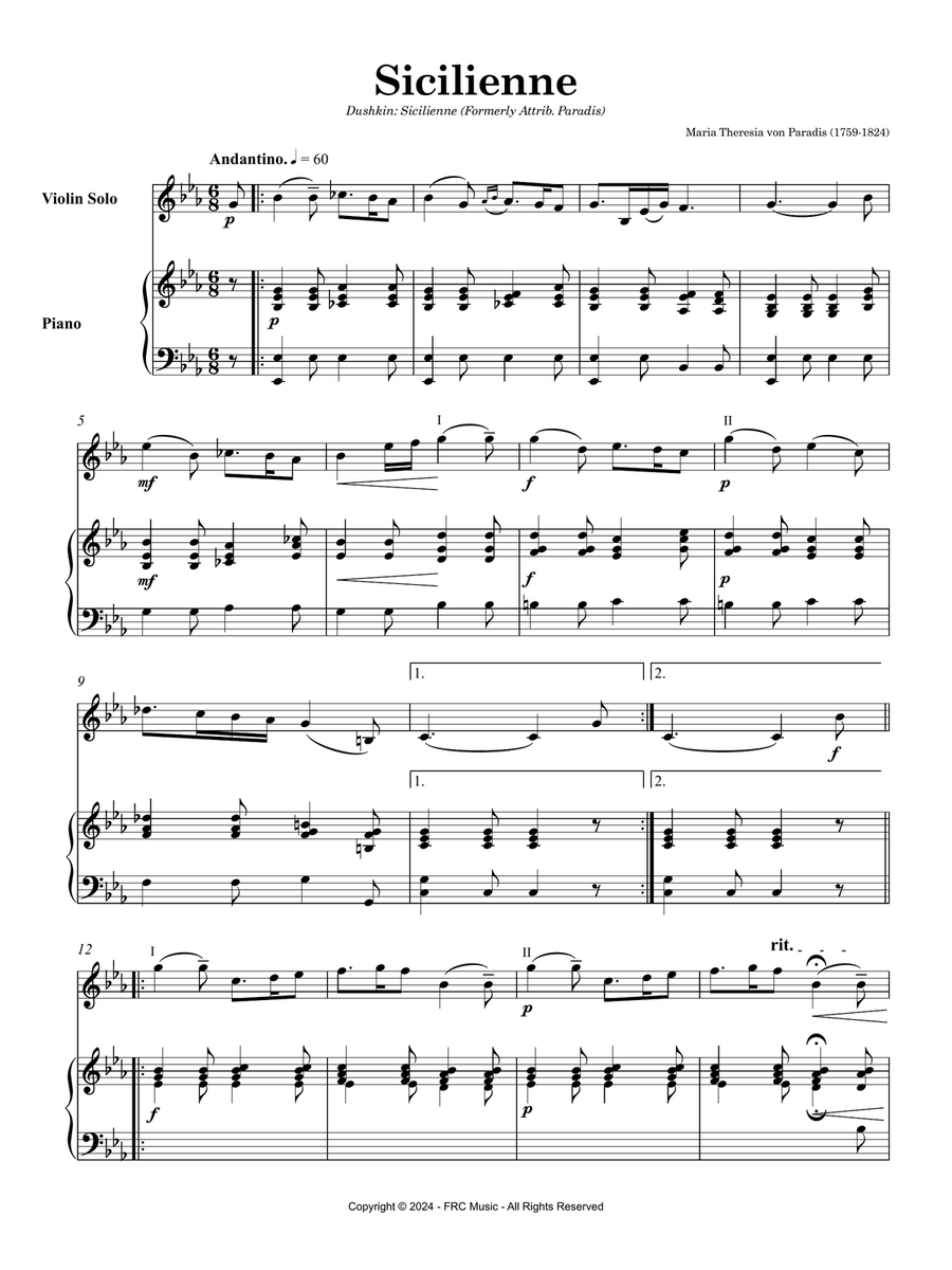 Dushkin - Von Paradis: Sicilienne (as played by Ivry Gitlis & Khatia Buniatishvili) Violin Solo scores gallery preview page 3