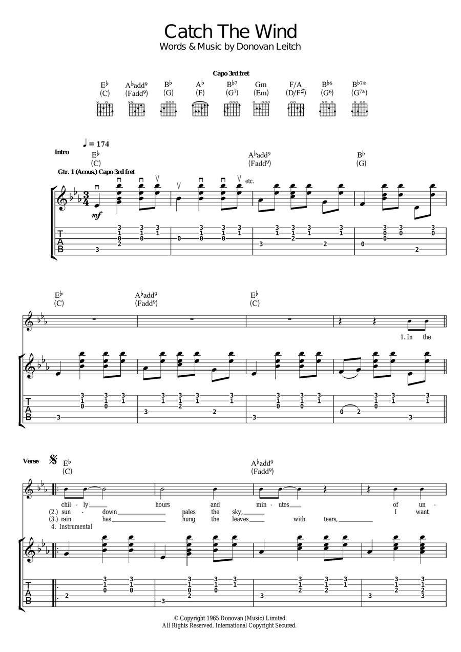 Catch The Wind Catch The Wind Guitar Tablature scores gallery preview page 1