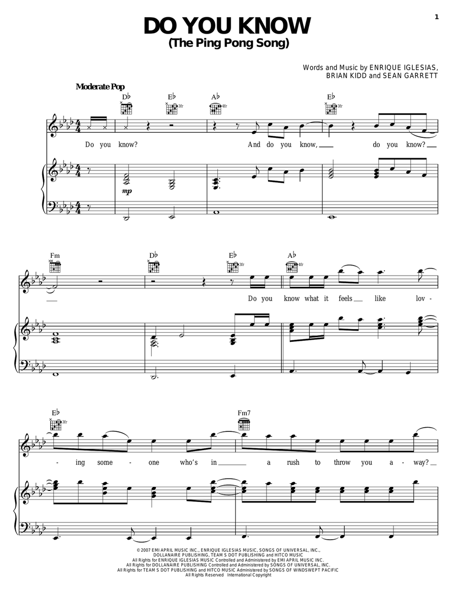 Do You Know? (The Ping Pong Song) Piano, Vocal, Guitar scores gallery preview page 1