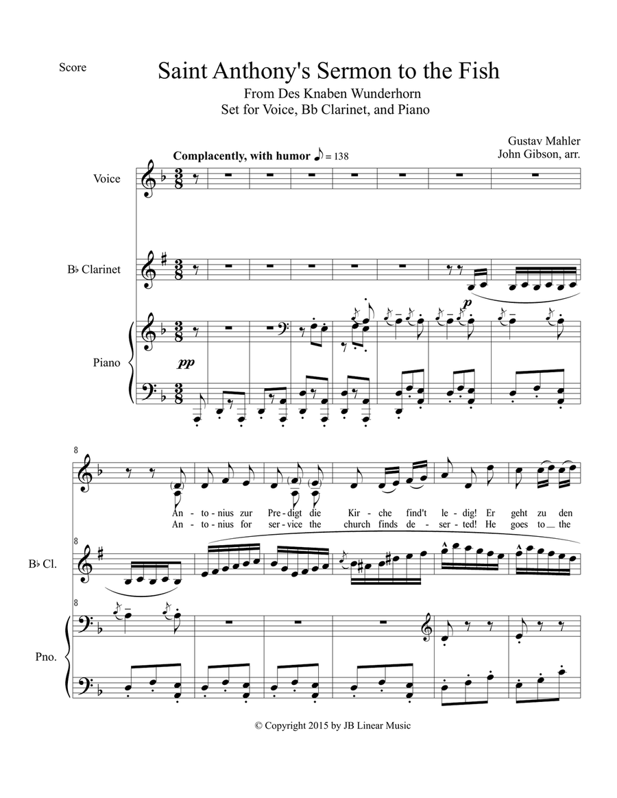 Mahler's Sermon to the Fish -voice, clarinet, piano Small Ensemble scores gallery preview page 2