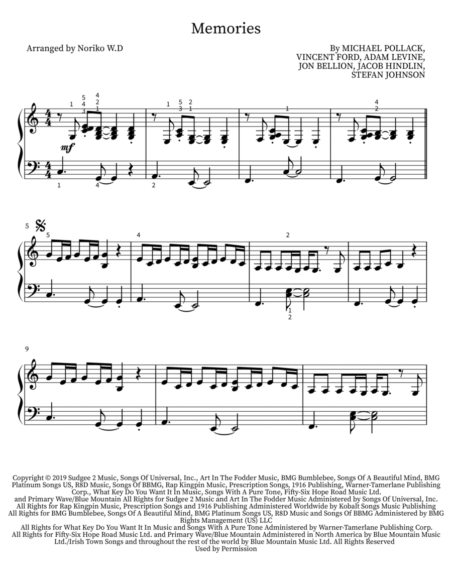 Memories Piano Solo scores gallery preview page 1
