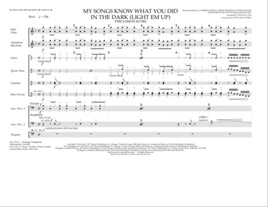 My Songs Know What You Did in the Dark (Light 'Em Up) - Percussion Score Marching Band scores gallery preview page 1