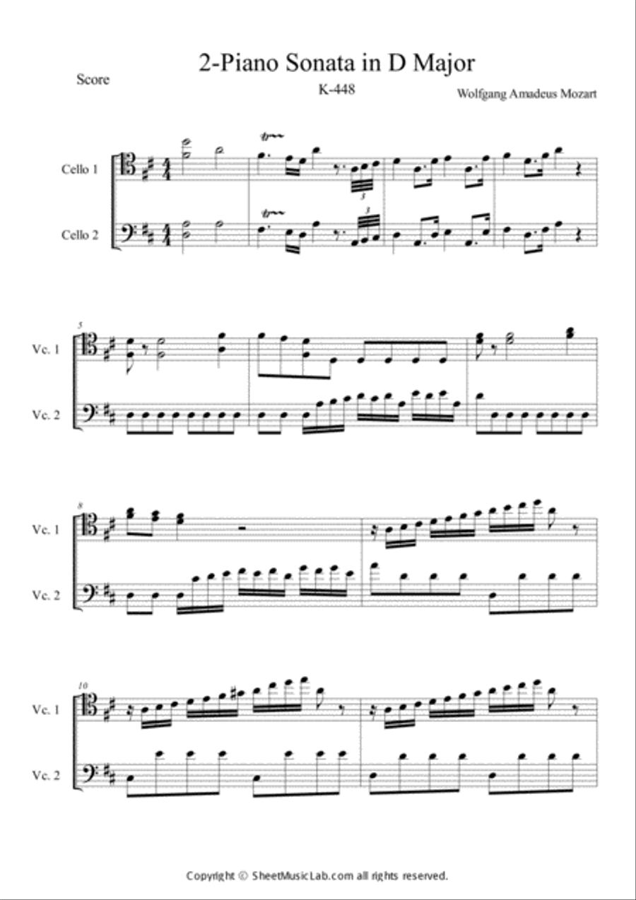 2 Piano Sonata in D Major K.448 Cello scores gallery preview page 1
