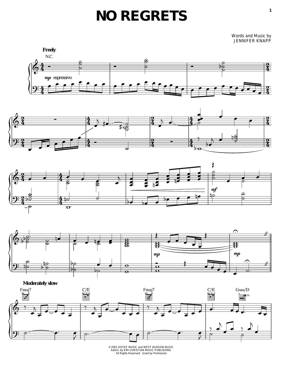 No Regrets No Regrets Piano, Vocal, Guitar scores gallery preview page 1