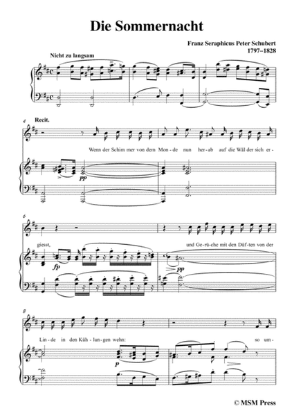 Schubert-Die Sommernacht,in D Major,for Voice&Piano image number null