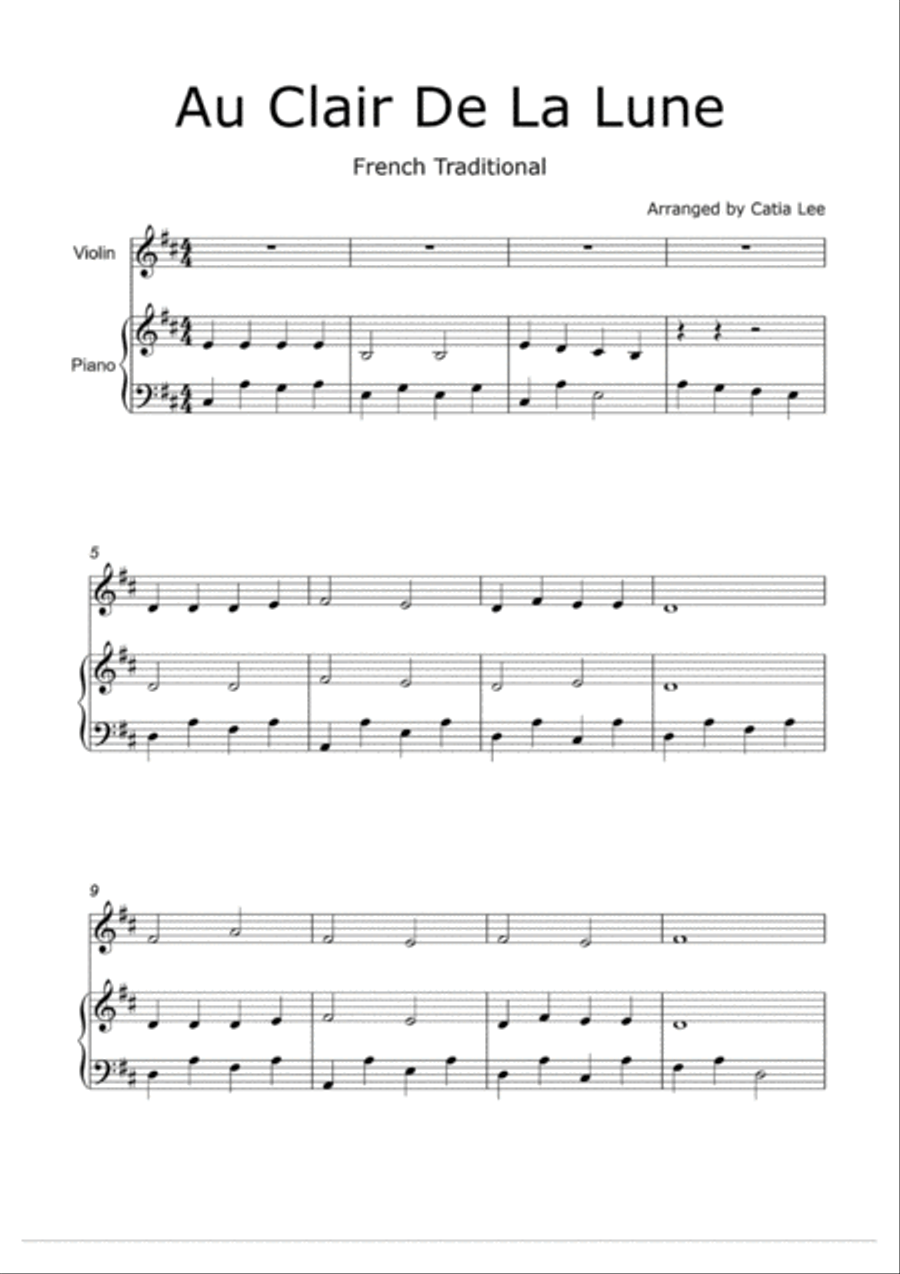 Au clair de la lune - Duet for Violin and Piano D major Violin scores gallery preview page 2