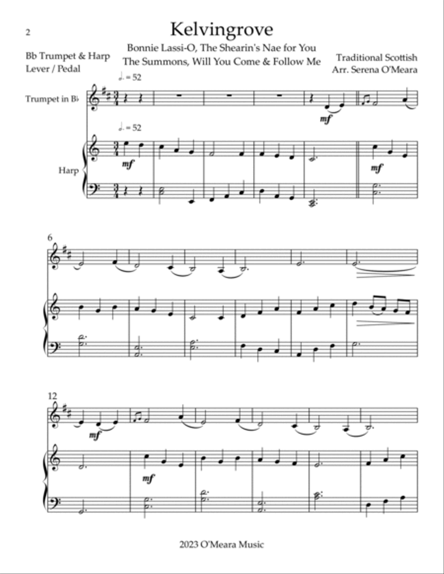 Kelvingrove, Duet for Bb Trumpet & Harp Trumpet Duet scores gallery preview page 2