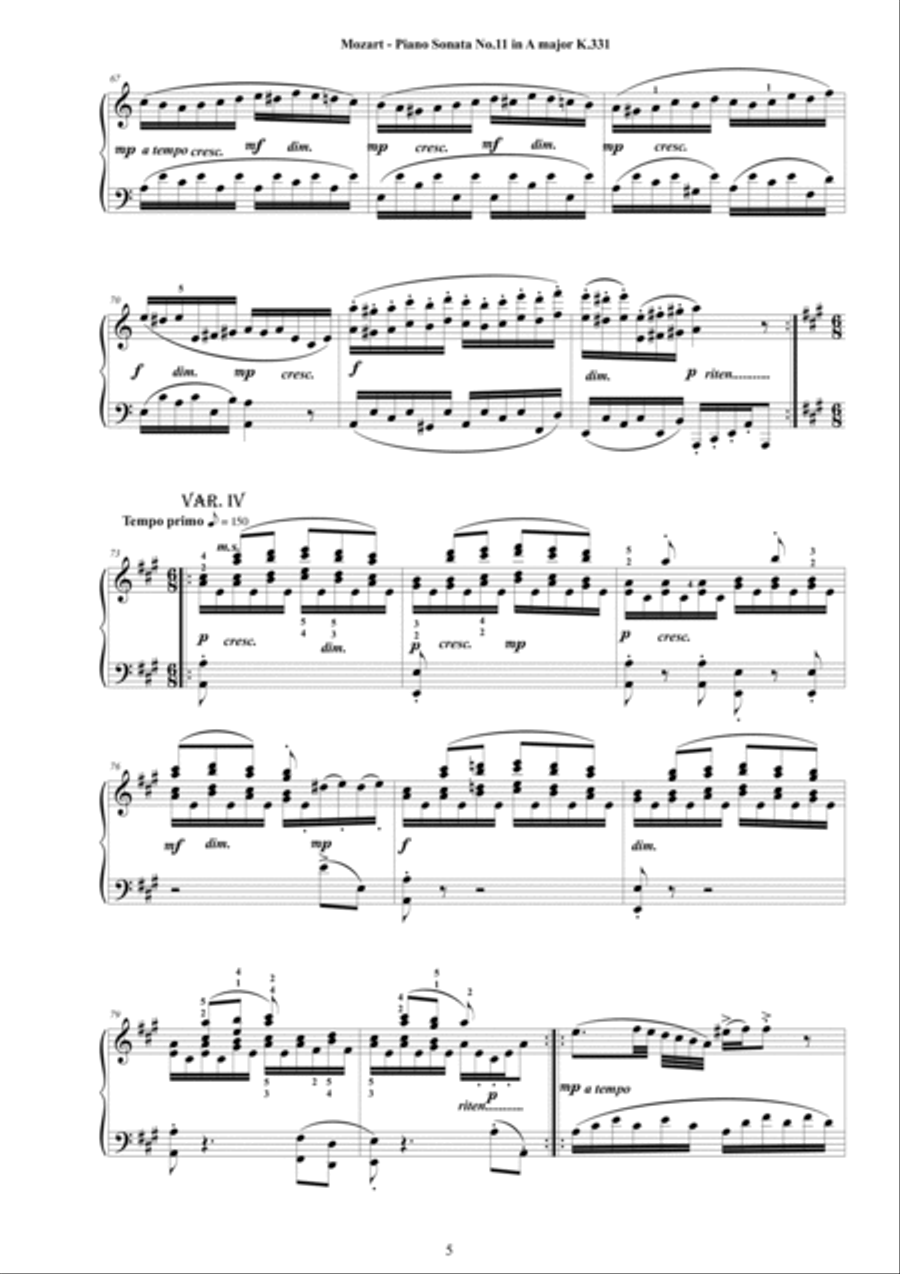 Mozart - Piano Sonata No.11 in A major K 331 - Complete score Piano Solo scores gallery preview page 5
