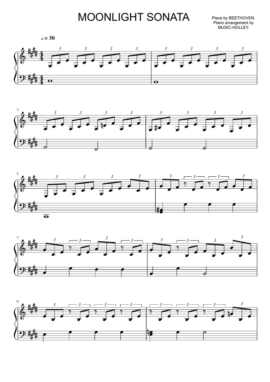 Beethoven - Moonlight Sonata (easy piano sheet) Easy Piano scores gallery preview page 1