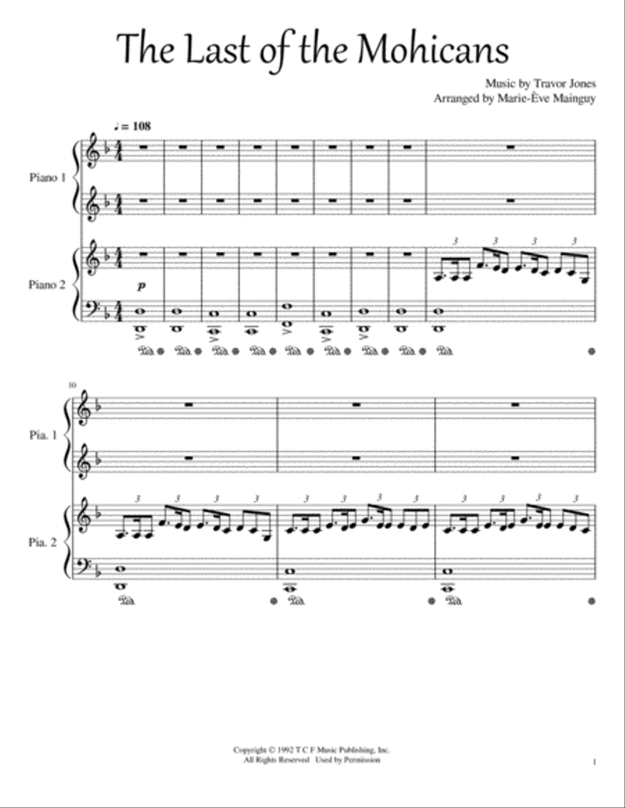 Last Of The Mohicans (main Theme) Piano scores gallery preview page 1