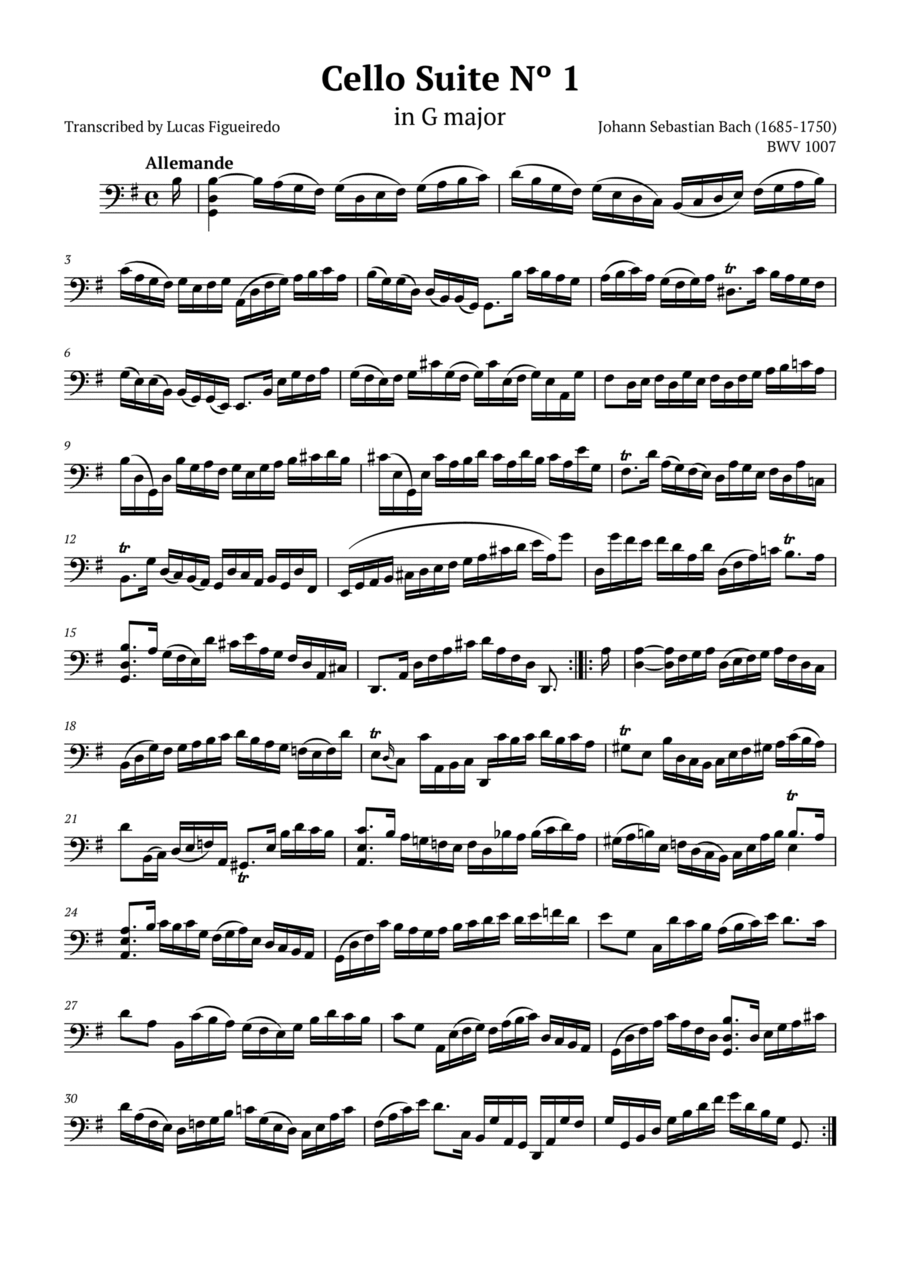 Cello Suite No 1 in G major - Allemande - Bach Cello Solo scores gallery preview page 1