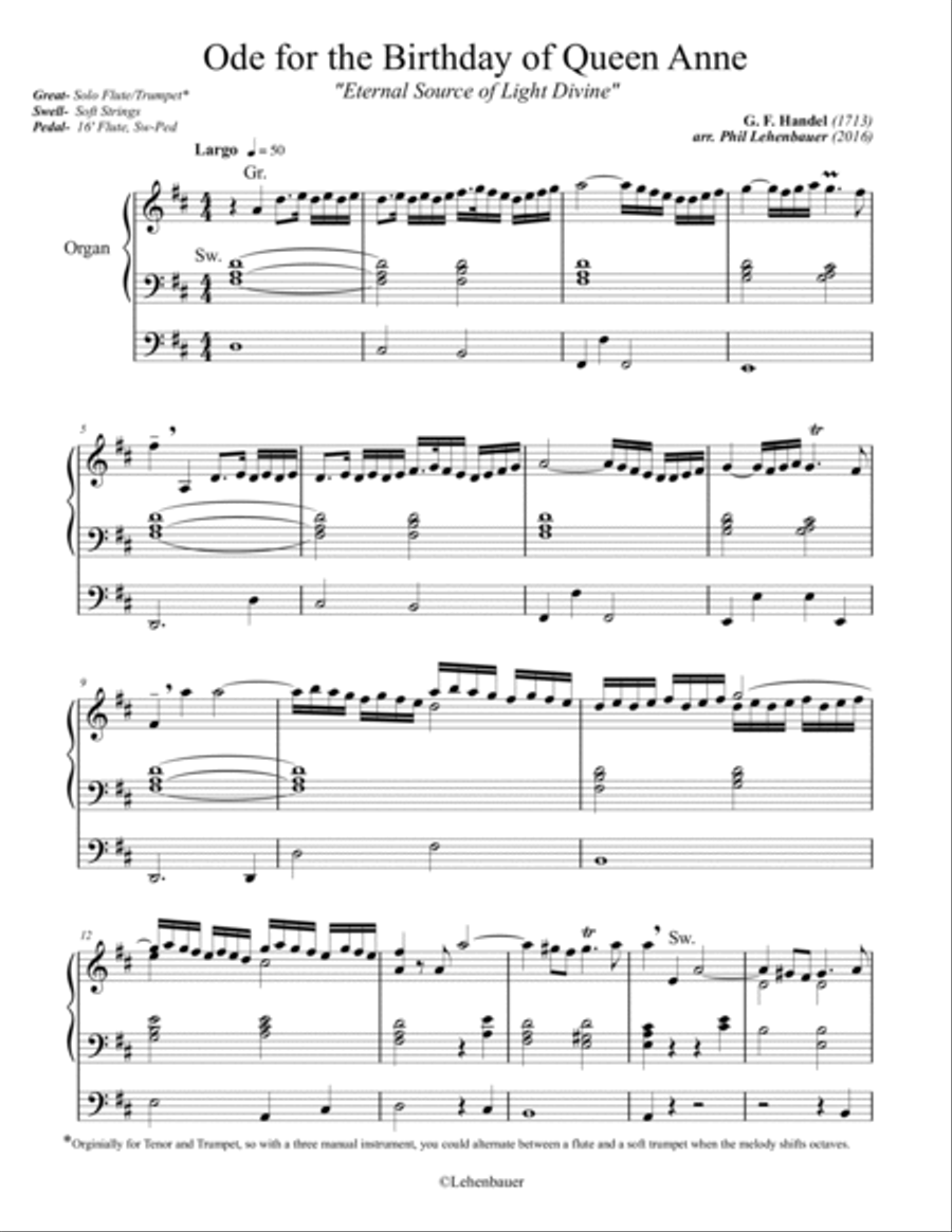 Ode for the Birthday of Queen Anne (Eternal Source of Light Divine) organ work, arr. Phil Lehenbauer Organ Solo scores gallery preview page 2