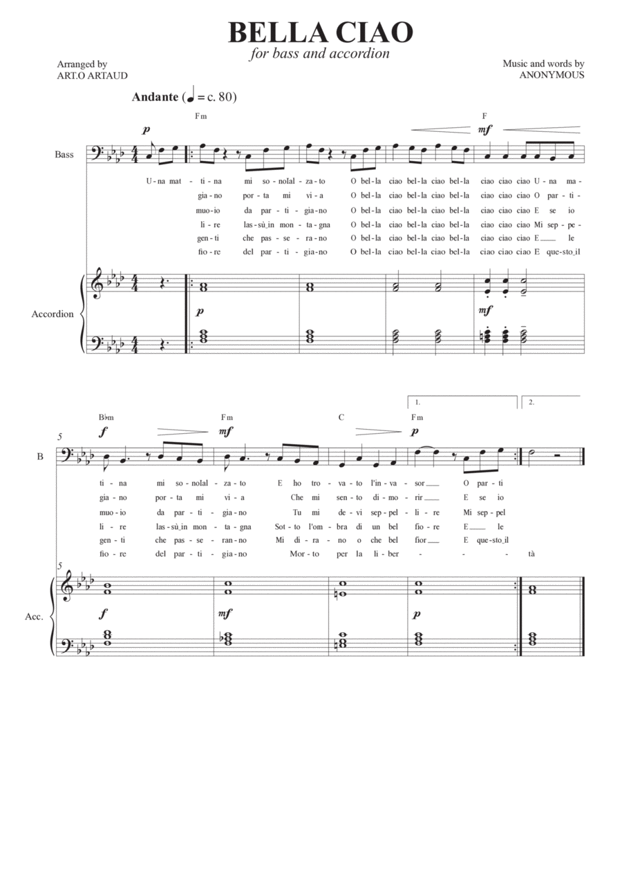 Bella ciao accordion sheet music on sale