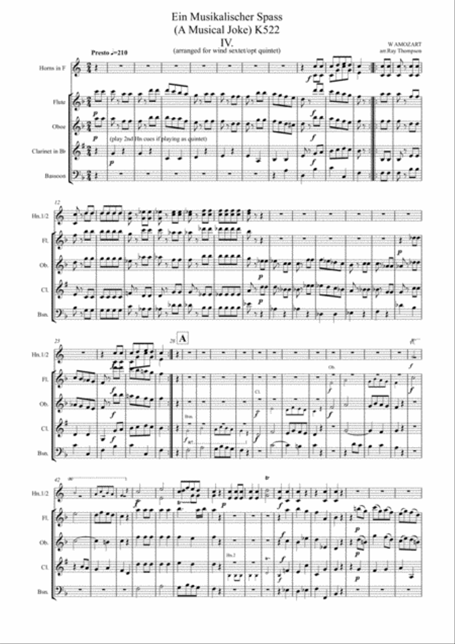 Mozart: Ein Musikalischer Spass (A Musical Joke) K522 Mvt.IV Presto - wind sextet/quintet Woodwind Quintet scores gallery preview page 1