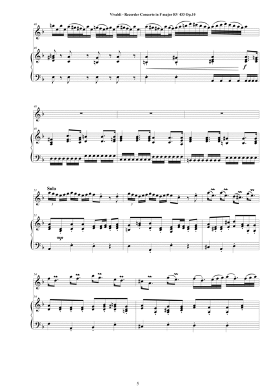 Vivaldi - Recorder Concerto No.1 in F major RV 433 Op.10 for Sopranino Recorder and Piano Alto Recorder scores gallery preview page 5