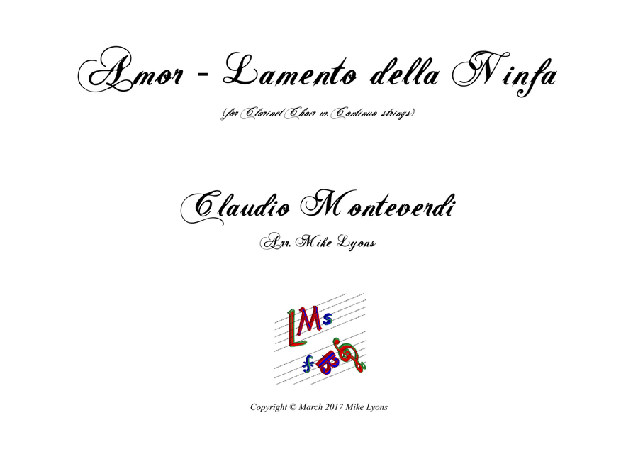 Amor - Lamento Della Ninfa (Monteverdi) (Clarinet choir w. 'Cello & CB) Clarinet Choir scores gallery preview page 1