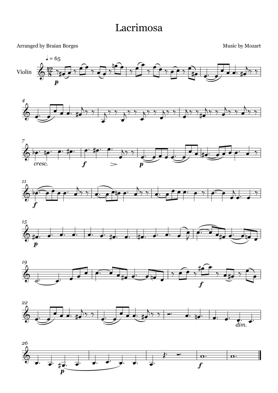 Lacrimosa in C Major - For Violin Violin Solo scores gallery preview page 1