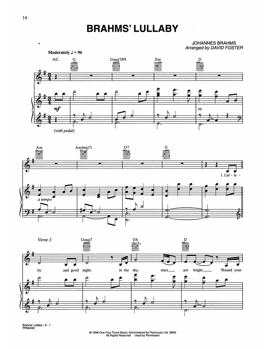 Brahm's Lullaby Piano, Vocal, Guitar scores gallery preview page 1