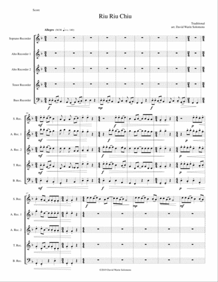 Riu Riu Chiu arranged for recorder quintet (soprano, 2 altos, tenor, bass) Soprano Recorder scores gallery preview page 1