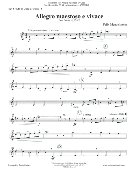 Allegro maestoso e Vivace from Sonata Op. 65, #2 by Mendelssohn for String Quartet or Piano Quintet