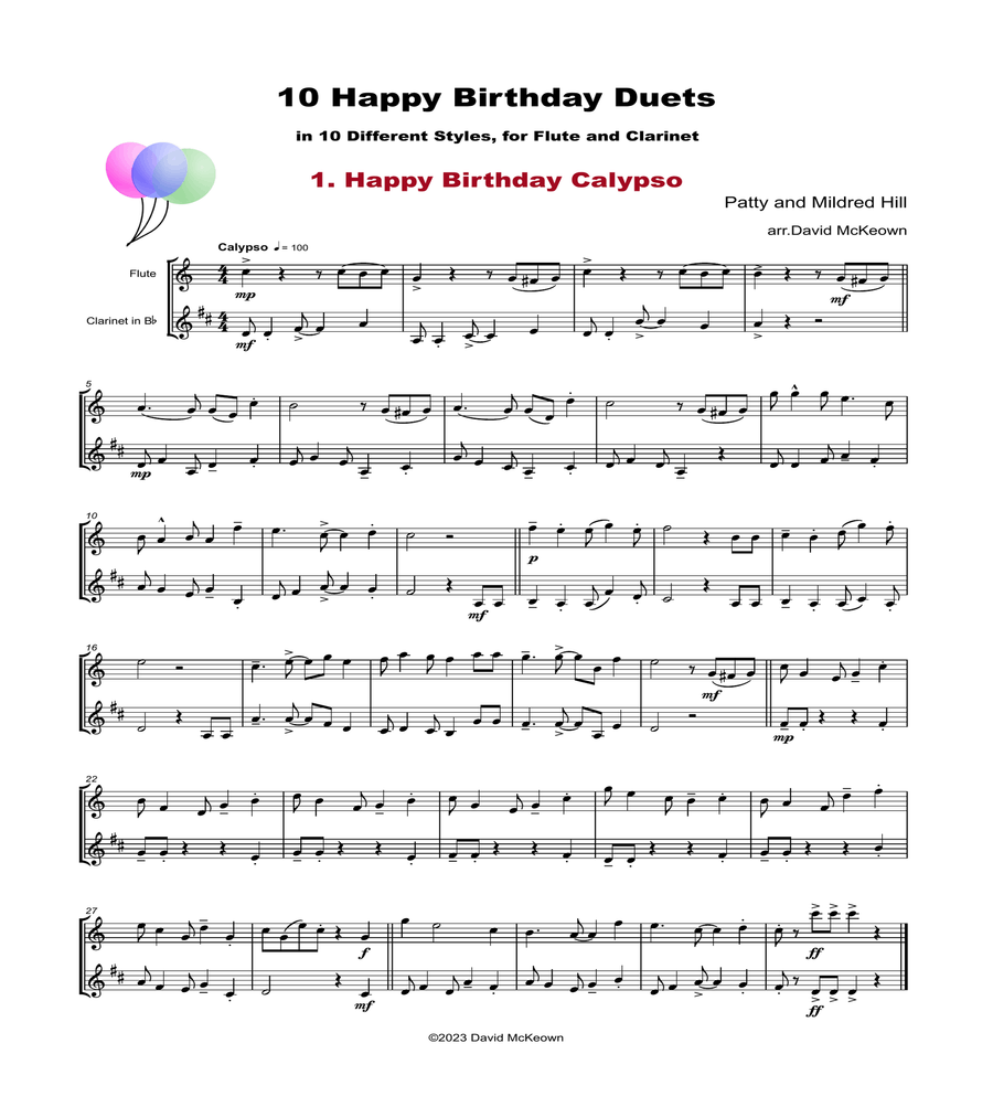 10 Happy Birthday Duets, (in 10 Different Styles), for Flute and Clarinet