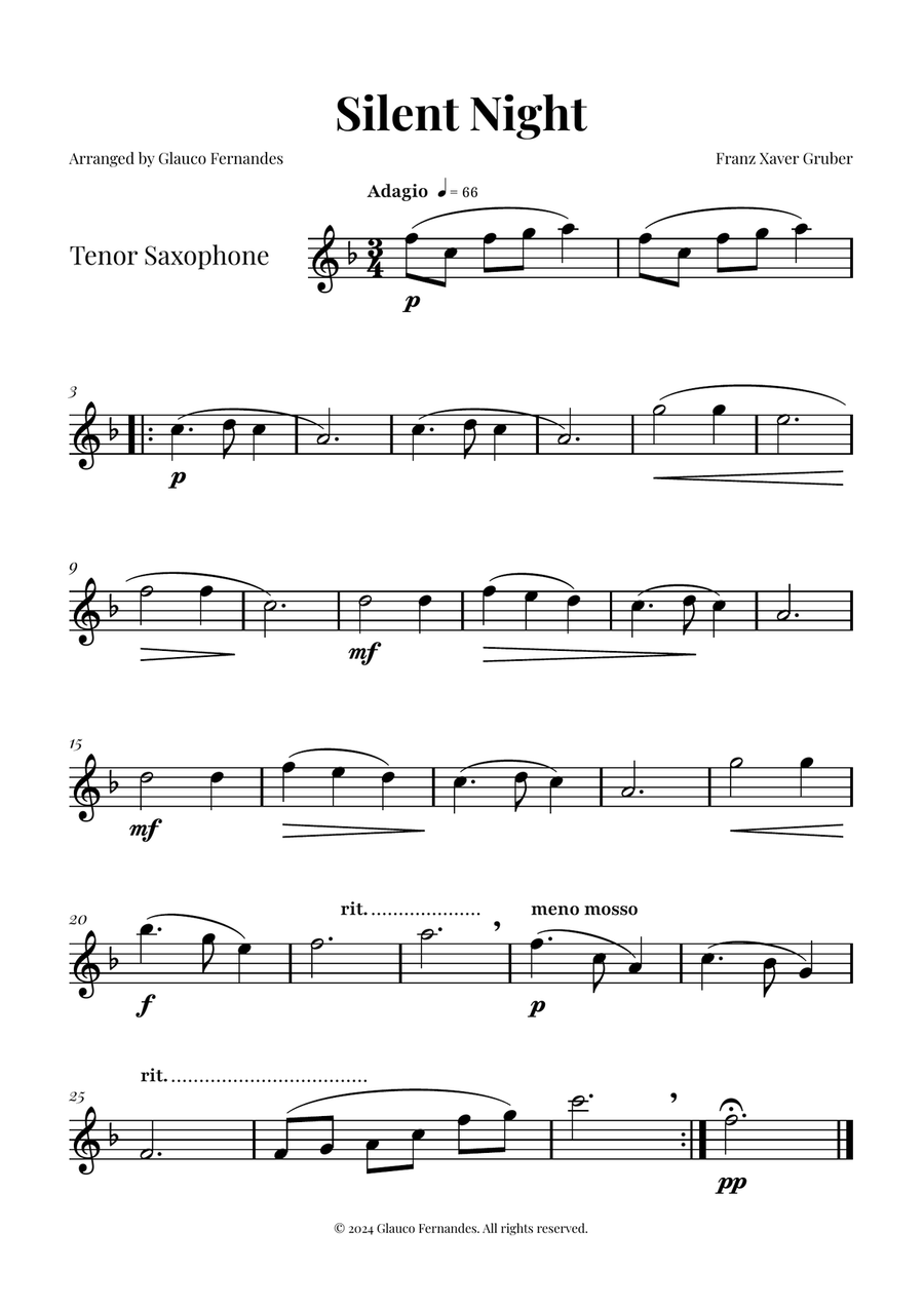 Silent Night | BEAUTIFUL Arrangement Tenor Saxophone scores gallery preview page 1