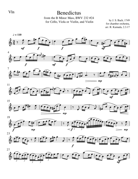 Benedictus from the B Minor Mass (BWV, 232 #24), J.S. Bach, arranged for Cello, Viola or Violin, and image number null