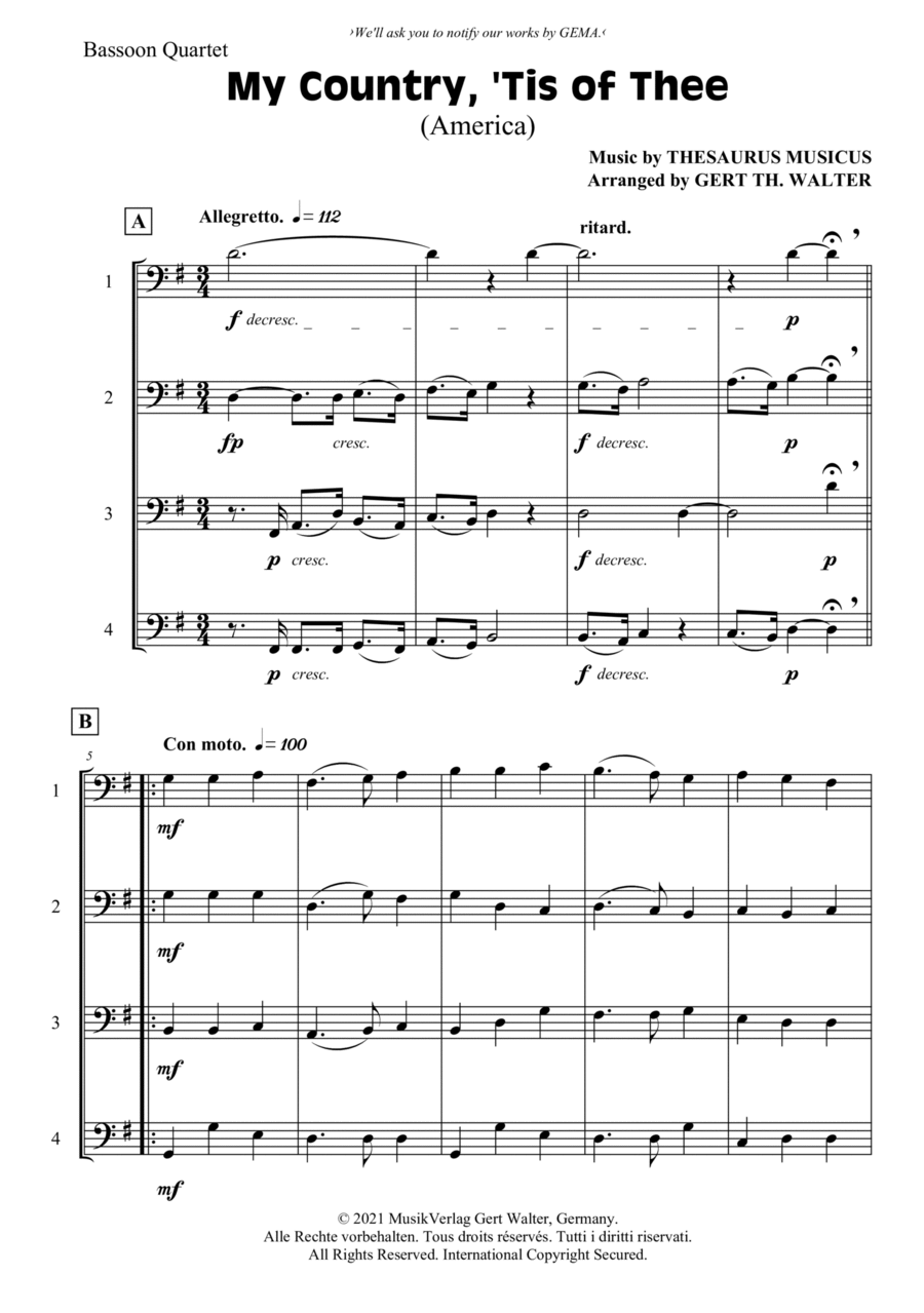 My Country, 'Tis Of Thee (America) Woodwind Quartet scores gallery preview page 1