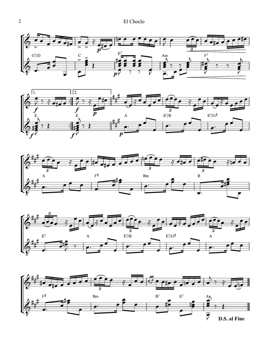 El choclo (tango) for violin or flute and guitar (A Minor) Flute scores gallery preview page 2