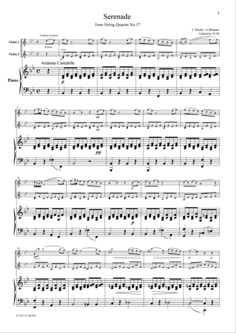 Haydn Serenade (String Quartet No.17, 2nd mvt.), for 2 Violins & Piano, VN213 Piano Trio scores gallery preview page 1