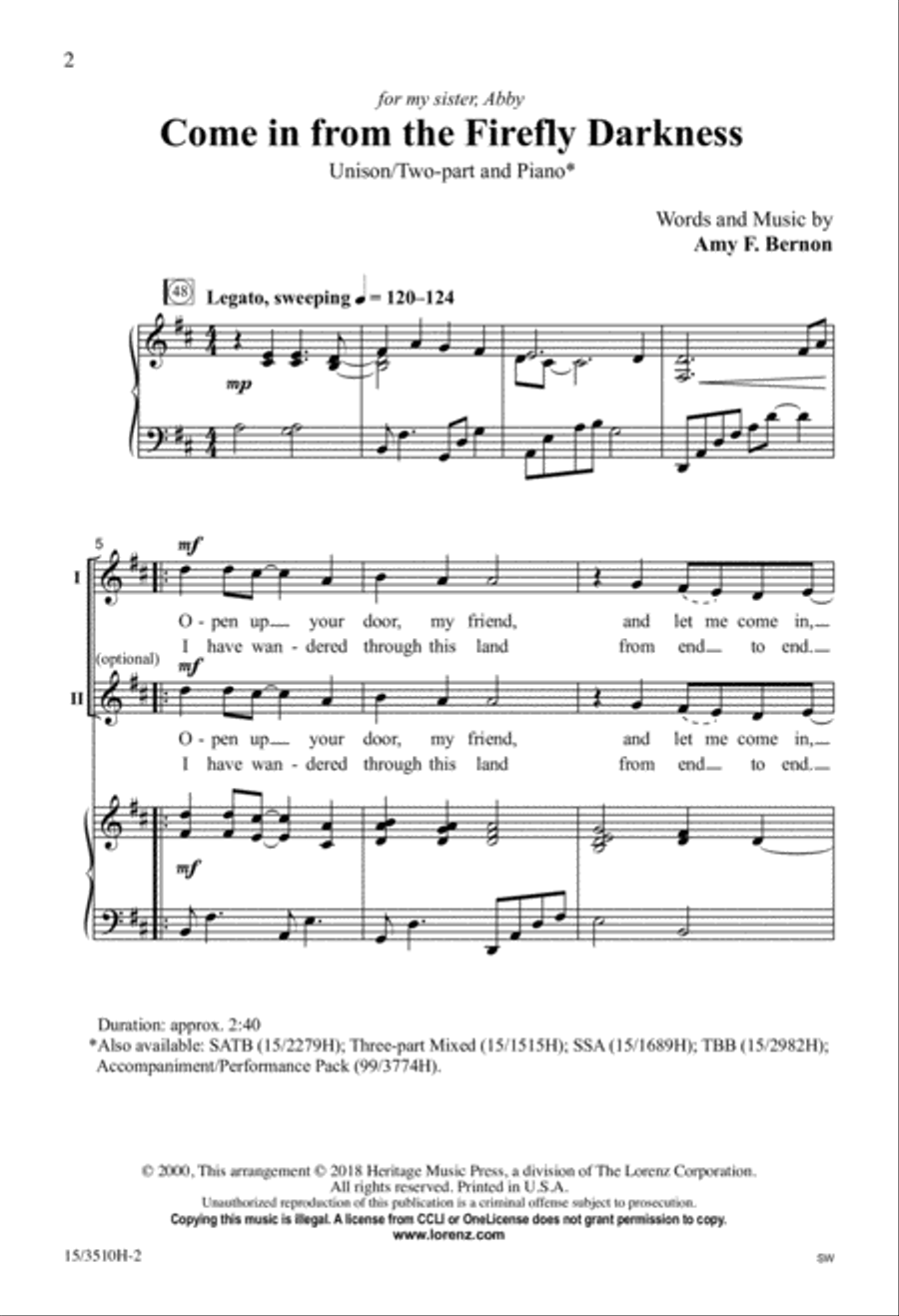 Come in from the Firefly Darkness Unison Choir scores gallery preview page 2