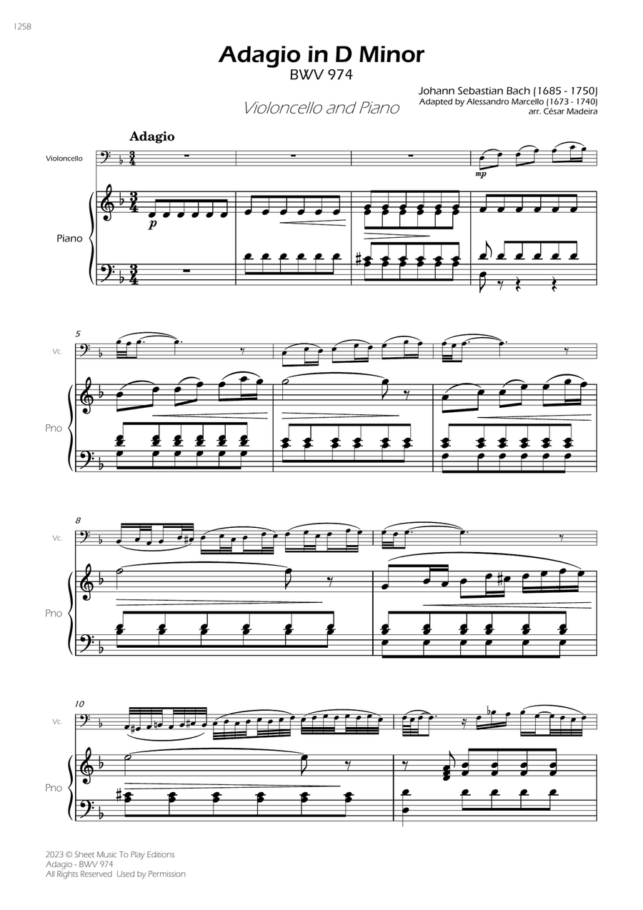 Adagio (BWV 974) - Cello and Piano (Full Score) Piano scores gallery preview page 1