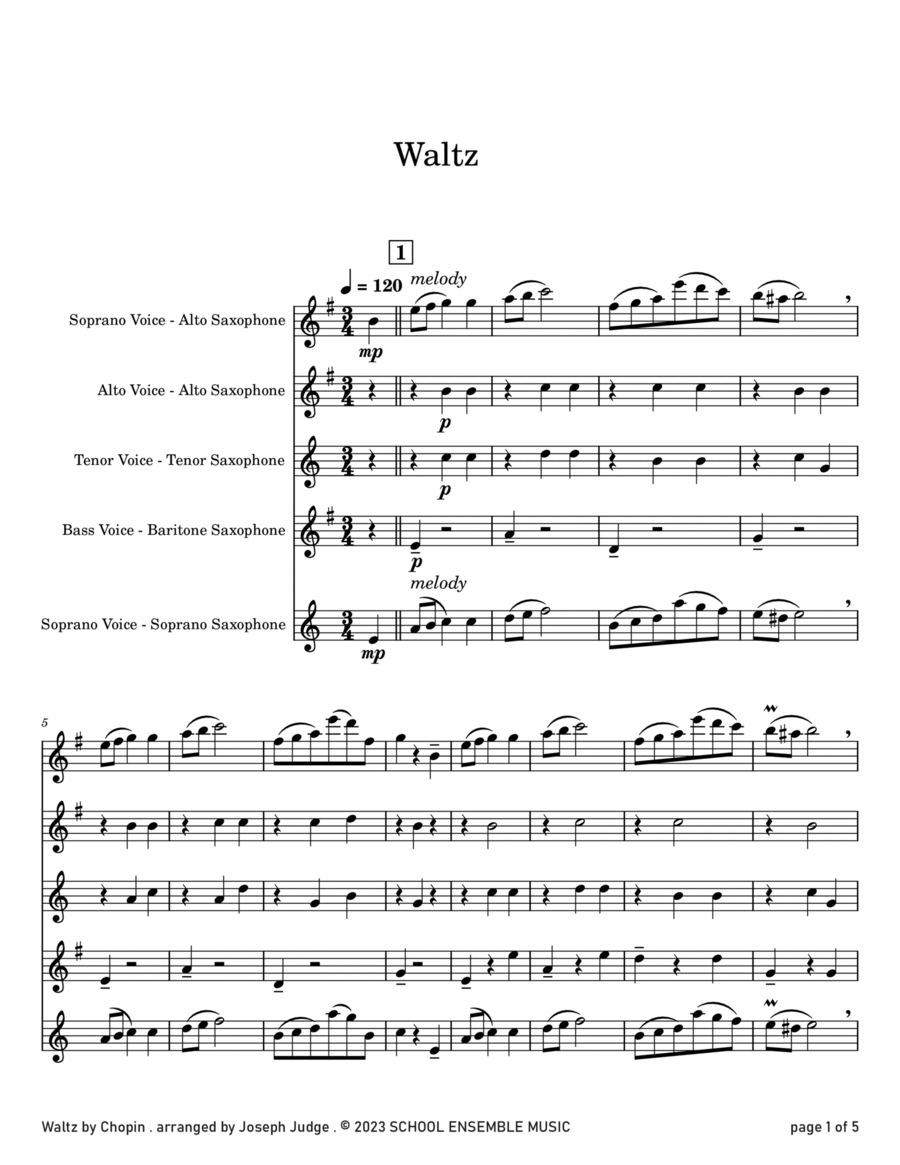 Waltz by Chopin for Saxophone Quartet in Schools Saxophone Quartet scores gallery preview page 1