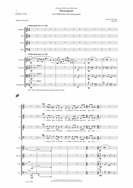 Carson Cooman: Downpour (2005) for SATB chorus and string quartet, full score, piano reduction and s