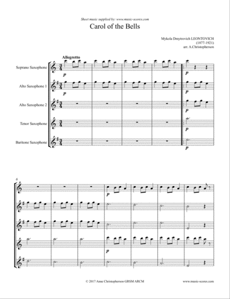 Carol of the Bells - Saxophone Quintet Saxophone Quintet scores gallery preview page 1