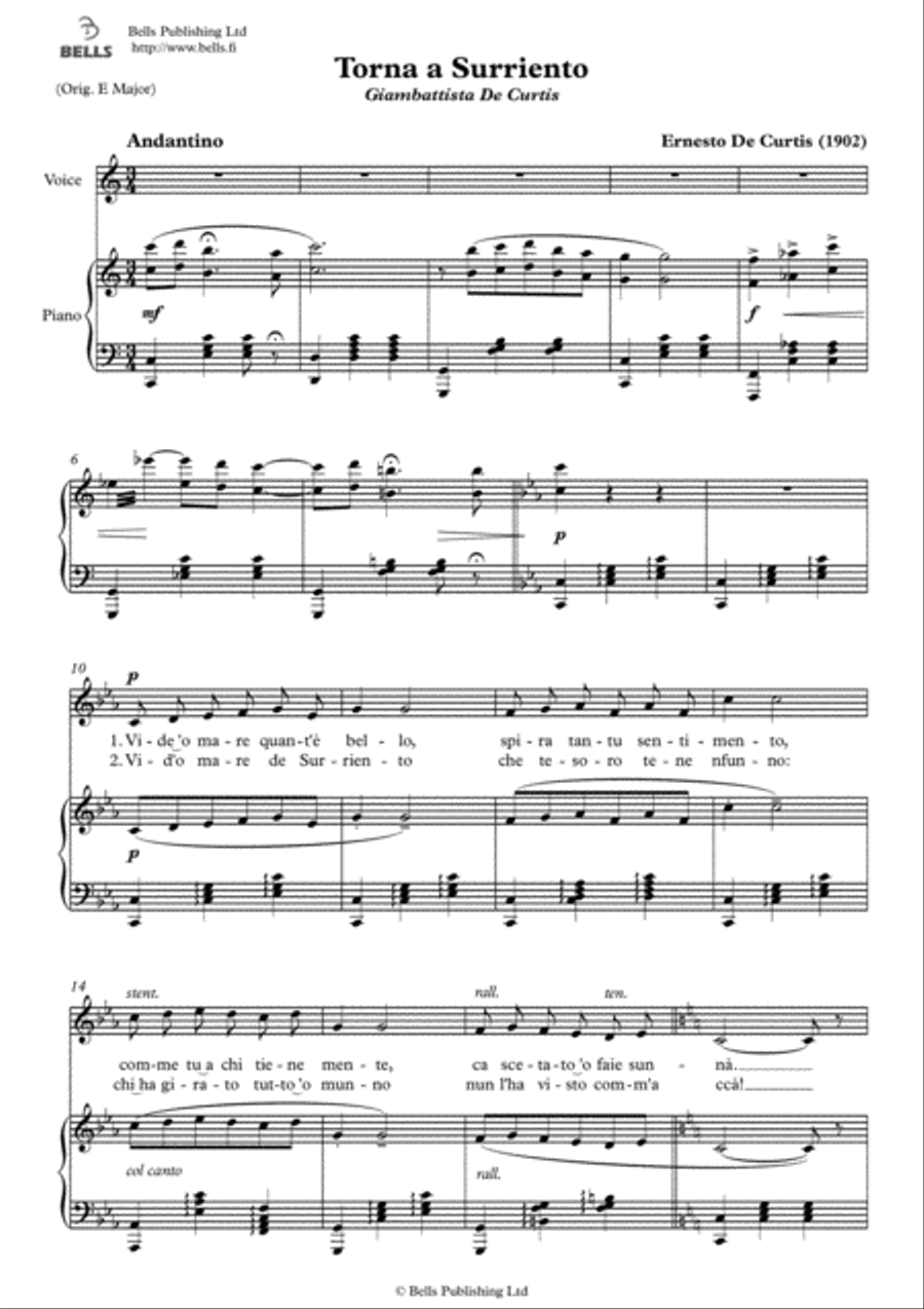 Torna a Surriento (C Major) Voice Solo scores gallery preview page 1
