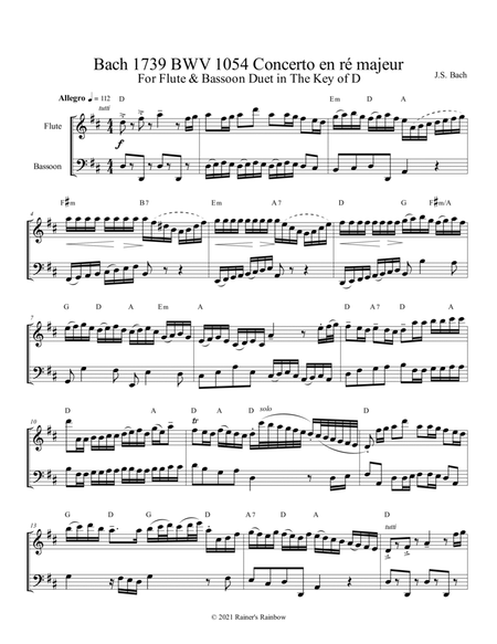 Bach 1739 BWV 1054 Concerto en ré majeur For Duet with Flute & Bassoon in the Key of D