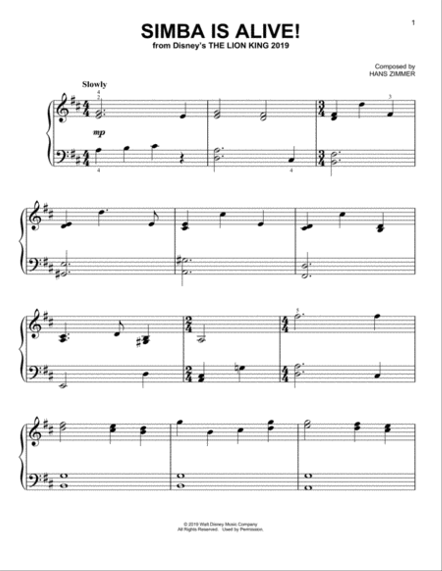 Simba Is Alive! (from The Lion King 2019) Easy Piano scores gallery preview page 1