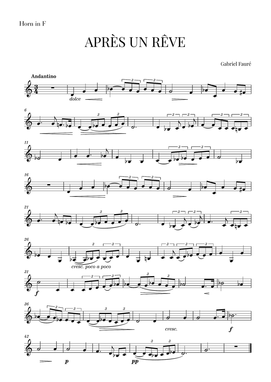 Fauré - Après un Rêve (for French Horn) Fauré - Après un Rêve (for French Horn) Horn Solo scores gallery preview page 1