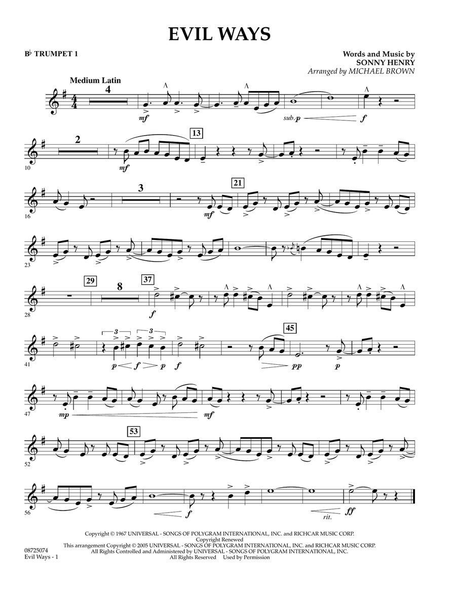 Evil Ways - Bb Trumpet 1 Concert Band scores gallery preview page 1