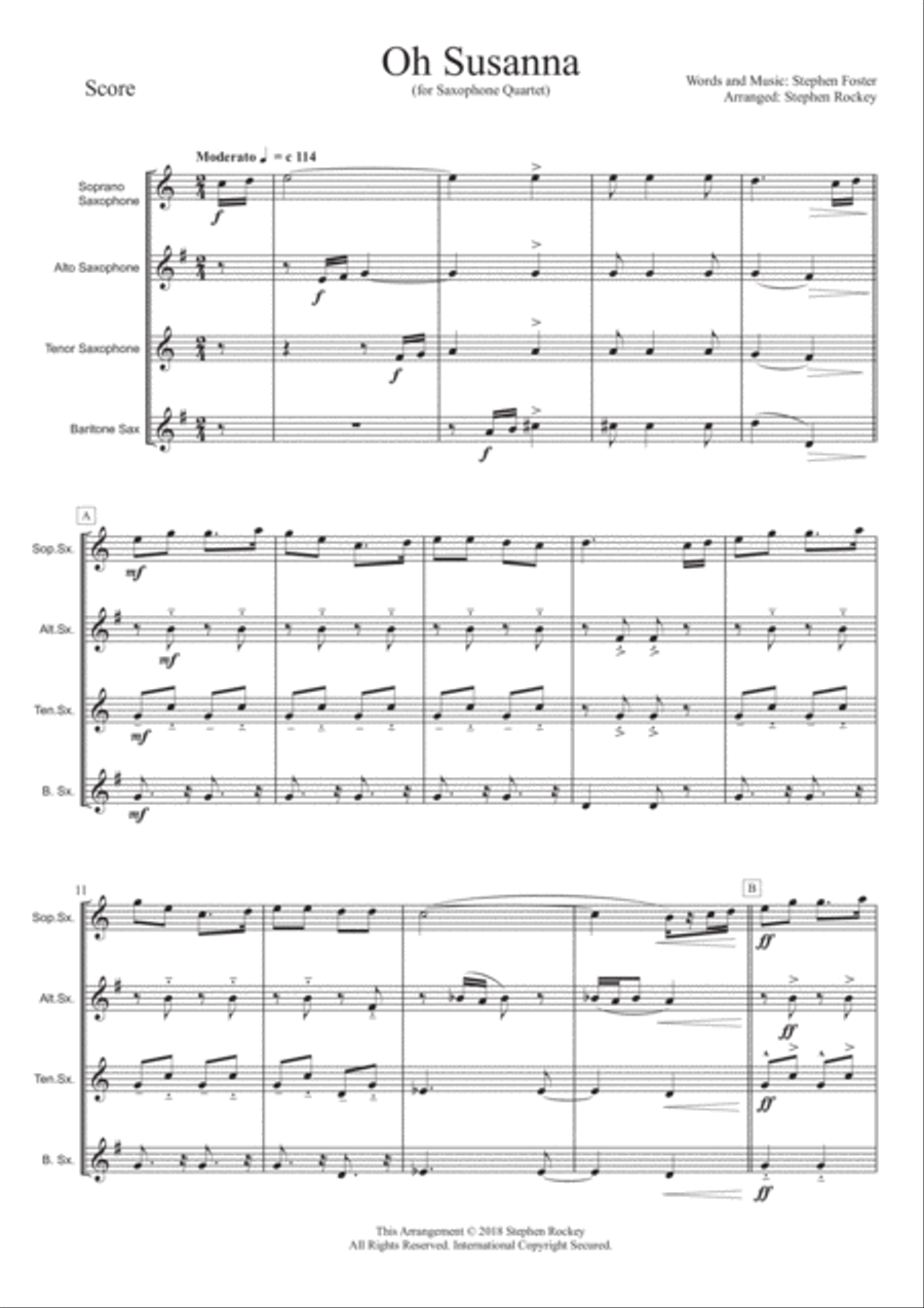 Oh Susanna (for Saxophone Quartet) Saxophone Quartet scores gallery preview page 3