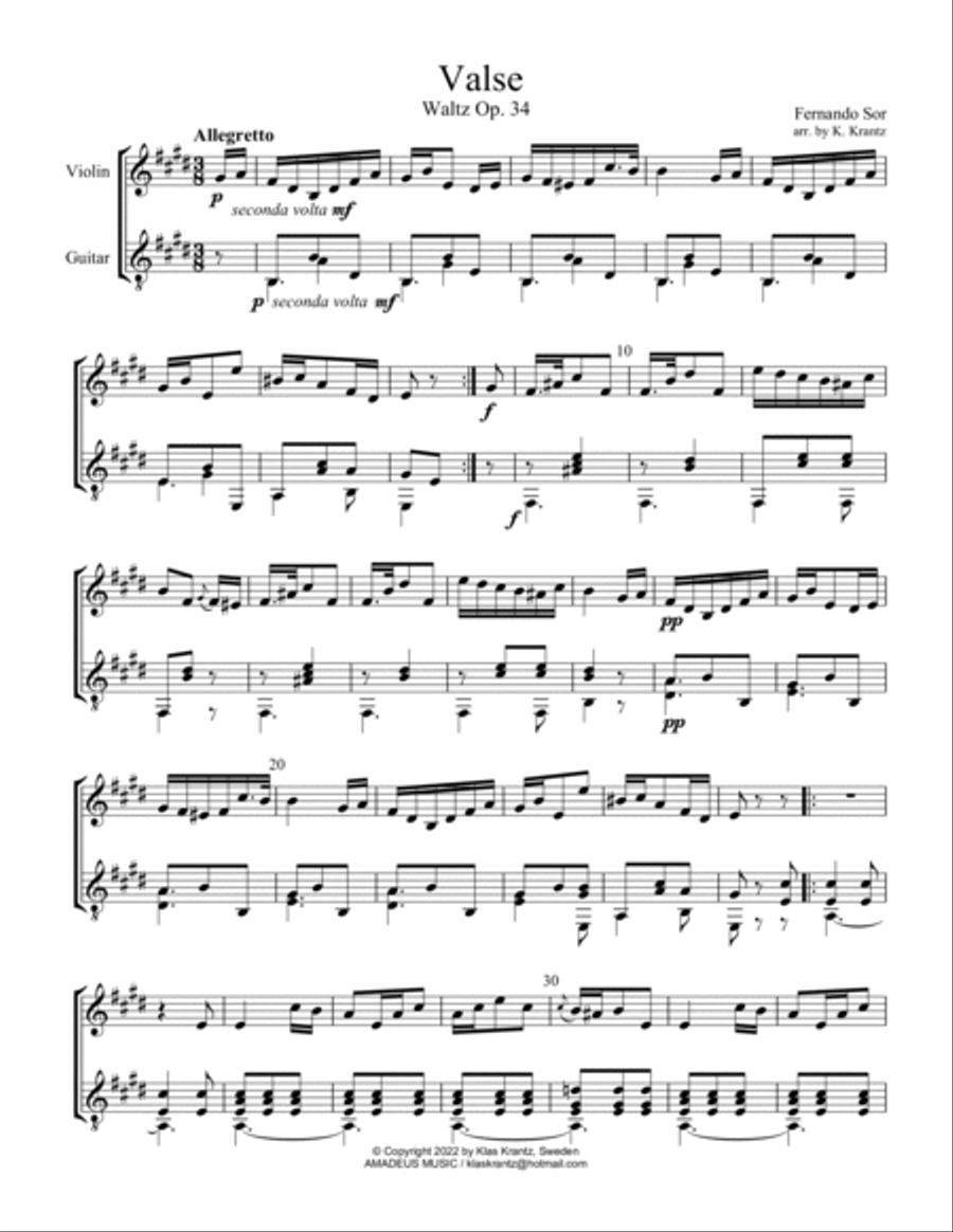 Valse / Waltz Op. 34 for violin and guitar String Duet scores gallery preview page 2