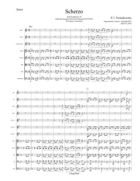 Scherzo from Tschaikowsky's Symphony #4 for full advanced children symphony orchestra or youth orchestra. CONDUCTOR'S AND SECTIONS' SCORES ONLY. image number null