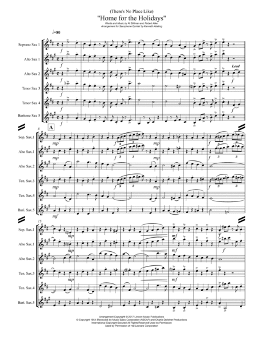 (There's No Place Like) Home For The Holidays Saxophone Quintet scores gallery preview page 2
