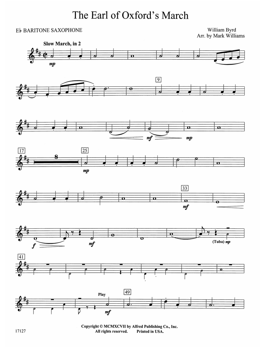 Earl of Oxford's March: E-flat Baritone Saxophone